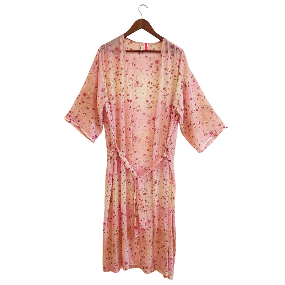 Josie Natori Pink Floral Chiffon Robe Sheer Rose Print Kimono Womens L Rossets
